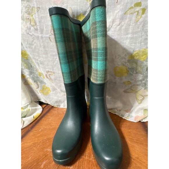 UGG Shoes - Womens Tall Hunter Green Plaid Rubber Rain Boots Knee High Waterproof Wellies